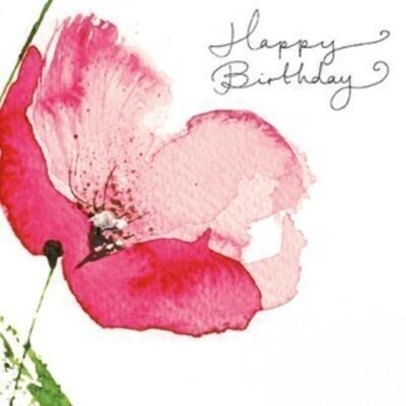 Glitter Poppy Happy Birthday Card by Paper Rose. This quality card by the Art Market for Paper Rose is a water colour print of a Poppy with glitter detail. Happy Birthday on the front and Blank inside for your own message. Comes with a cerise envelope. Size 16x16cm
